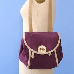 Vintage 80s Canvas Crossbody Satchel Purple Leather Trim Turnlock Bag